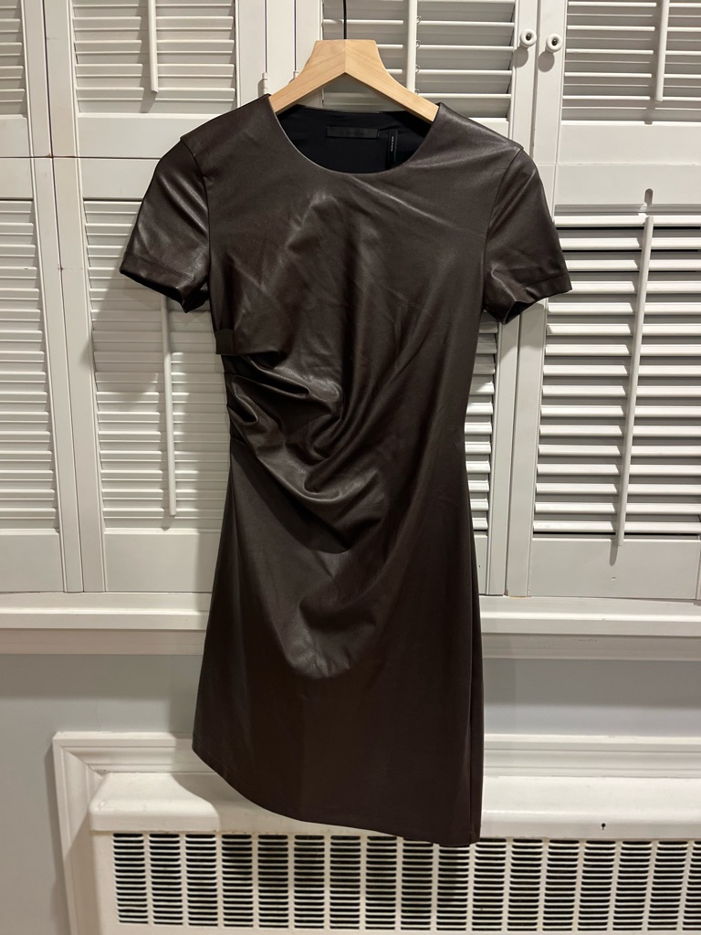 Helmut Lang Dark Brown Faux Leather Short Sleeve Mini Dress